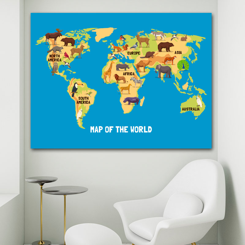Πίνακας σε καμβά Χάρτης Παιδικός Παγκόσμιος με Ζώα